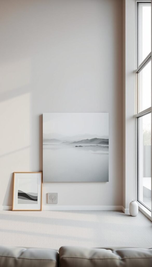 A minimalist scandinavian-style interior with a large wall featuring elegant, abstract art pieces. The wall is painted in a soft, light grey color, creating a calm and serene atmosphere. In the foreground, there are two simple, wooden frames displaying monochrome prints with clean geometric patterns. In the middle ground, a large canvas showcases a striking, minimalist landscape painting in muted tones of blue and green. The background is filled with diffused, natural lighting coming through large windows, casting a warm glow throughout the space. The overall impression is one of understated sophistication and Nordic simplicity.
