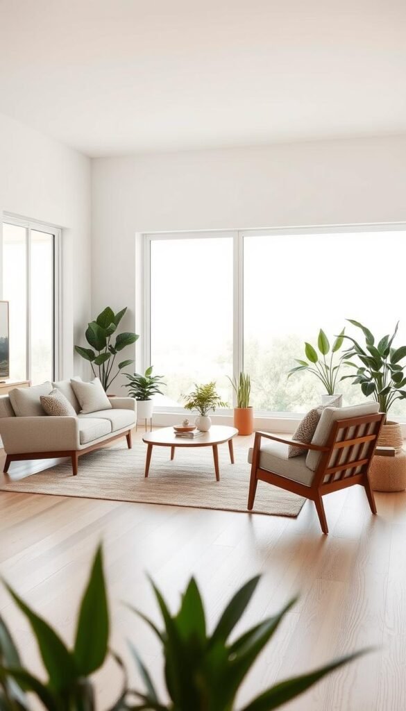 A modern, minimalist living room with clean lines and natural textures. In the foreground, a cozy yet stylish arrangement of a mid-century modern sofa, armchair, and coffee table, positioned to create a conversational flow. In the middle ground, a large area rug and potted plants add warmth and depth. The background features bright, diffused natural lighting through large windows, overlooking a serene outdoor scene. The overall mood is one of calm, open, and balanced design, showcasing essential furniture placement guidelines for an open living room layout. A modern, minimalist living room with clean lines and natural textures. In the foreground, a cozy yet stylish arrangement of a mid-century modern sofa, armchair, and coffee table, positioned to create a conversational flow. In the middle ground, a large area rug and potted plants add warmth and depth. The background features bright, diffused natural lighting through large windows, overlooking a serene outdoor scene. The overall mood is one of calm, open, and balanced design, showcasing essential furniture placement guidelines for an open living room layout.