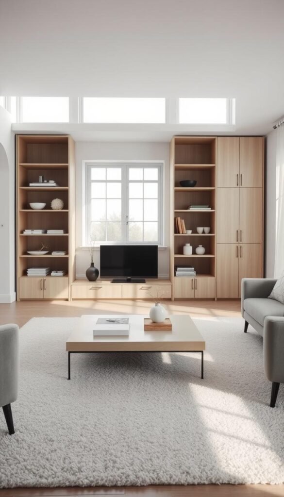A neatly organized Scandinavian living room, bathed in soft, natural light filtering through large windows. In the foreground, minimalist shelving units and storage cabinets in light wood tones, arranged with precise symmetry. Midground features a low, streamlined coffee table, topped with a few carefully curated decor pieces. The background showcases neutral-toned walls, complemented by a plush, light-colored area rug and understated furniture silhouettes. An atmosphere of calm, functional elegance pervades the scene, evoking a sense of Nordic design principles.