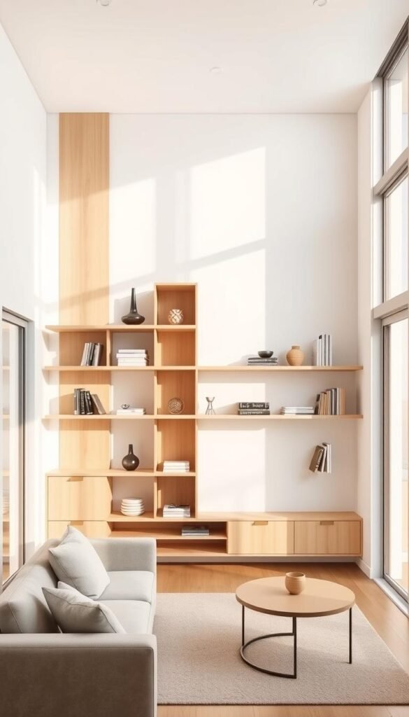 A neatly organized small living room with sleek, minimalist vertical storage solutions. The focal point is a tall, slender shelving unit made of light wood, strategically placed against a bright, airy wall. Elegant floating shelves line the walls, providing ample space for decor, books, and other essentials. Soft, diffused natural lighting from large windows creates a warm, inviting atmosphere. The room is sparsely furnished, with a plush, low-profile sofa and a small, round coffee table, allowing the vertical storage to take center stage and make the most of the limited floor space. The overall aesthetic is clean, modern, and space-efficient, perfectly capturing the essence of "Vertical and Height-Maximizing Configurations" for a small living room. A neatly organized small living room with sleek, minimalist vertical storage solutions. The focal point is a tall, slender shelving unit made of light wood, strategically placed against a bright, airy wall. Elegant floating shelves line the walls, providing ample space for decor, books, and other essentials. Soft, diffused natural lighting from large windows creates a warm, inviting atmosphere. The room is sparsely furnished, with a plush, low-profile sofa and a small, round coffee table, allowing the vertical storage to take center stage and make the most of the limited floor space. The overall aesthetic is clean, modern, and space-efficient, perfectly capturing the essence of "Vertical and Height-Maximizing Configurations" for a small living room.