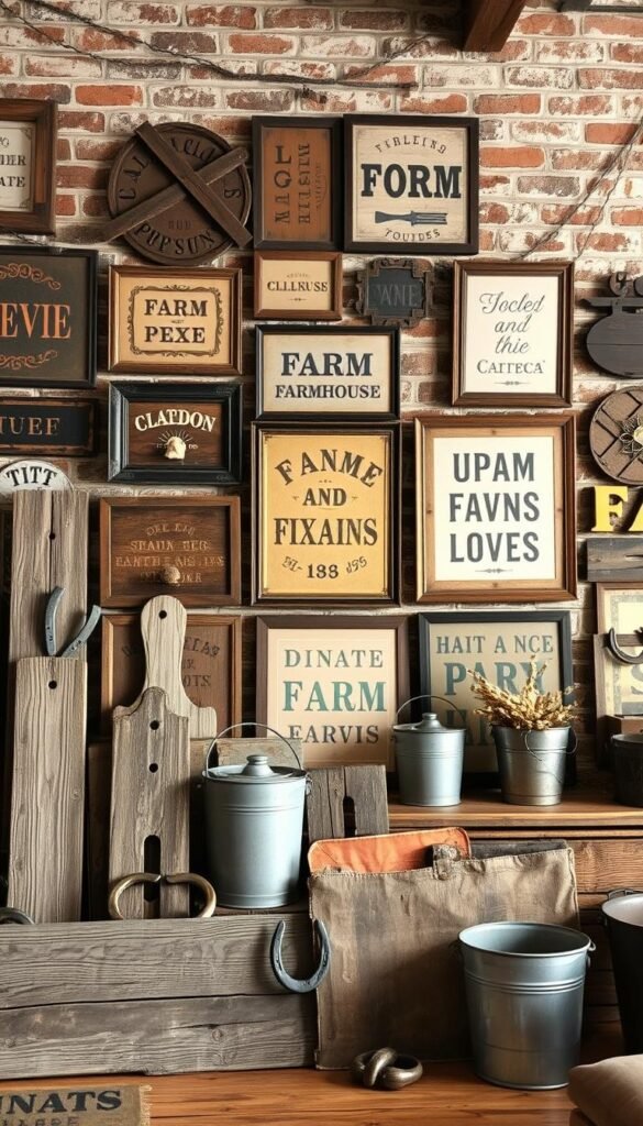 A rustic farmhouse wall filled with vintage-inspired signage and decor. In the foreground, a collection of weathered wooden planks, distressed metal signs, and rustic farmhouse-style accents like horseshoes and galvanized buckets. In the middle ground, a mix of framed art prints and typographic wall hangings featuring nostalgic farm-themed motifs and typography. The background showcases a textured, aged brick or wooden wall, adding depth and character to the scene. Soft, warm lighting casts a cozy, inviting glow, creating an authentic, lived-in ambiance. The overall composition evokes a charming, time-worn farmhouse aesthetic, perfect for adding a touch of rustic charm to a living room space. A rustic farmhouse wall filled with vintage-inspired signage and decor. In the foreground, a collection of weathered wooden planks, distressed metal signs, and rustic farmhouse-style accents like horseshoes and galvanized buckets. In the middle ground, a mix of framed art prints and typographic wall hangings featuring nostalgic farm-themed motifs and typography. The background showcases a textured, aged brick or wooden wall, adding depth and character to the scene. Soft, warm lighting casts a cozy, inviting glow, creating an authentic, lived-in ambiance. The overall composition evokes a charming, time-worn farmhouse aesthetic, perfect for adding a touch of rustic charm to a living room space.