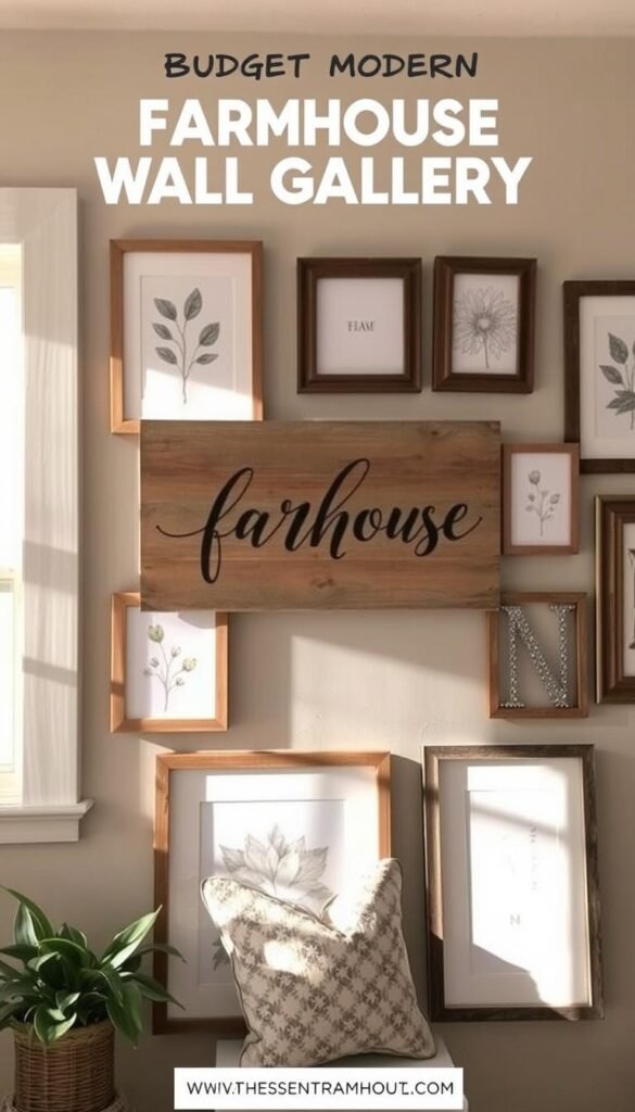 A rustic farmhouse wall gallery with a mix of neutral-toned canvas prints, wooden frames, and natural textures. The focal point is a large, distressed wood sign with elegant calligraphy-style lettering, flanked by smaller framed botanical sketches and wire mesh letter art. Soft natural lighting from a nearby window casts a warm glow, highlighting the tactile, handcrafted qualities of the pieces. The overall arrangement feels curated yet effortless, creating an inviting, budget-friendly display that complements the modern farmhouse aesthetic.