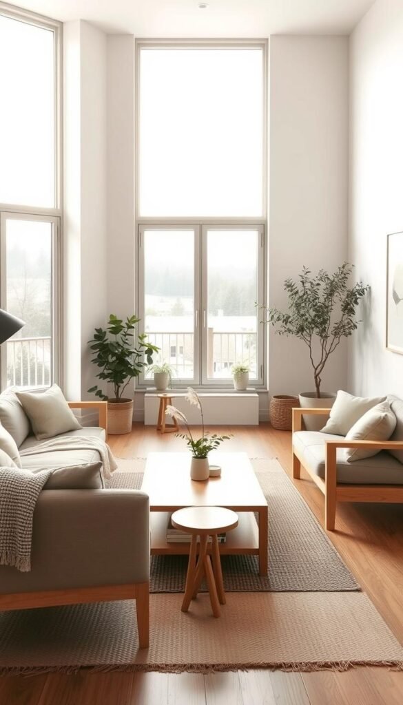 A serene Scandinavian-inspired living room bathed in natural light. A large window frames a tranquil outdoor scene, casting a warm glow across the space. Minimalist light oak furniture, including a plush sofa and armchairs, creates a cozy and inviting atmosphere. A sleek, low-profile coffee table and side tables complement the clean-lined aesthetic. Subtle textures, such as woven rugs and throw pillows, add depth and visual interest. Potted plants and a simple, understated art piece on the wall complete the Nordic-chic ambiance, exuding a sense of calm and refined elegance. A serene Scandinavian-inspired living room bathed in natural light. A large window frames a tranquil outdoor scene, casting a warm glow across the space. Minimalist light oak furniture, including a plush sofa and armchairs, creates a cozy and inviting atmosphere. A sleek, low-profile coffee table and side tables complement the clean-lined aesthetic. Subtle textures, such as woven rugs and throw pillows, add depth and visual interest. Potted plants and a simple, understated art piece on the wall complete the Nordic-chic ambiance, exuding a sense of calm and refined elegance.
