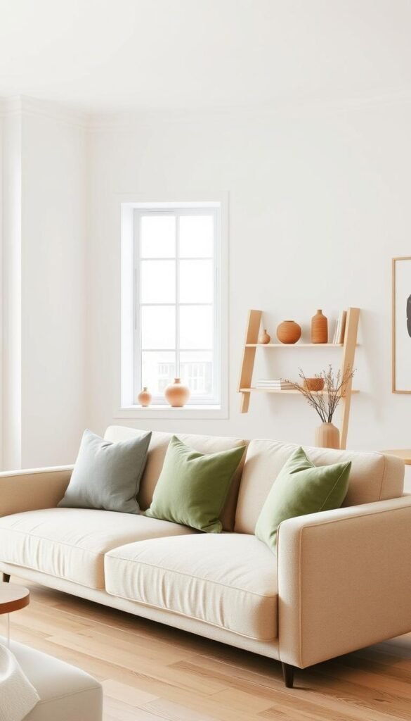 A serene Scandinavian living room with a neutral color palette. In the foreground, a plush, minimalist sofa in soft beige tones sits atop a light-colored wooden floor. Accent pillows in muted greens and grays add subtle pops of color. In the middle ground, a large window floods the space with natural light, casting a warm glow on the room. Minimalist, angular shelving units line the walls, displaying decorative objects in earthy tones. The background features plain white walls, complemented by clean-lined, Scandinavian-inspired artwork. The overall atmosphere is one of calm, understated elegance and timeless appeal.