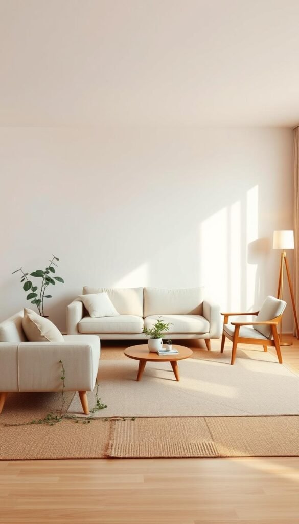 A serene and well-balanced Japandi-inspired living room with a neutral color palette. A spacious, minimalist layout featuring a plush, oatmeal-colored sofa, complemented by a natural wood coffee table and sleek, mid-century modern armchair. The room is bathed in warm, diffused lighting, creating a cozy and inviting ambiance. Tall, slender floor lamps and natural fiber area rugs add texture and depth. Subtle pops of greenery, such as a potted fiddle-leaf fig and trailing plants, bring a touch of nature indoors. The overall aesthetic is a harmonious blend of Scandinavian simplicity and Japanese wabi-sabi influences, exuding a sense of calm and sophistication. A serene and well-balanced Japandi-inspired living room with a neutral color palette. A spacious, minimalist layout featuring a plush, oatmeal-colored sofa, complemented by a natural wood coffee table and sleek, mid-century modern armchair. The room is bathed in warm, diffused lighting, creating a cozy and inviting ambiance. Tall, slender floor lamps and natural fiber area rugs add texture and depth. Subtle pops of greenery, such as a potted fiddle-leaf fig and trailing plants, bring a touch of nature indoors. The overall aesthetic is a harmonious blend of Scandinavian simplicity and Japanese wabi-sabi influences, exuding a sense of calm and sophistication.
