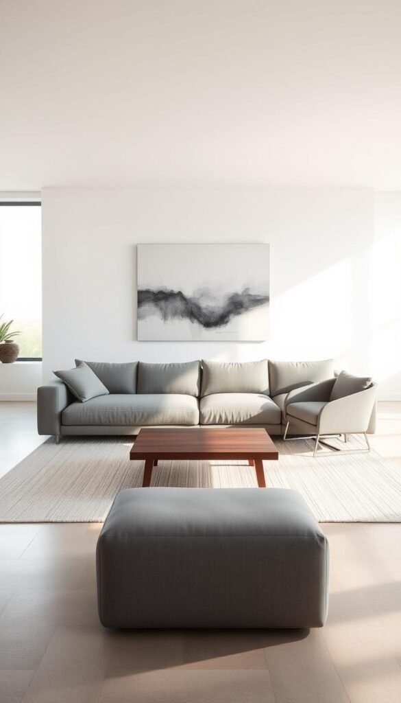 A serene, monochromatic living room with a minimalist design. The room is bathed in soft, diffused natural light filtering through large windows, casting a warm, subtle glow on the clean-lined furniture. In the foreground, a plush, oversized gray sofa sits atop a textured, off-white area rug. Flanking the sofa are a pair of sleek, angular armchairs in a complementary shade of gray. In the middle ground, a low, wooden coffee table with a matte finish anchors the space. The background features bare, white walls with a single, large abstract artwork in shades of gray, creating a sense of balance and harmony. The overall atmosphere is one of tranquility and sophistication. A serene, monochromatic living room with a minimalist design. The room is bathed in soft, diffused natural light filtering through large windows, casting a warm, subtle glow on the clean-lined furniture. In the foreground, a plush, oversized gray sofa sits atop a textured, off-white area rug. Flanking the sofa are a pair of sleek, angular armchairs in a complementary shade of gray. In the middle ground, a low, wooden coffee table with a matte finish anchors the space. The background features bare, white walls with a single, large abstract artwork in shades of gray, creating a sense of balance and harmony. The overall atmosphere is one of tranquility and sophistication.