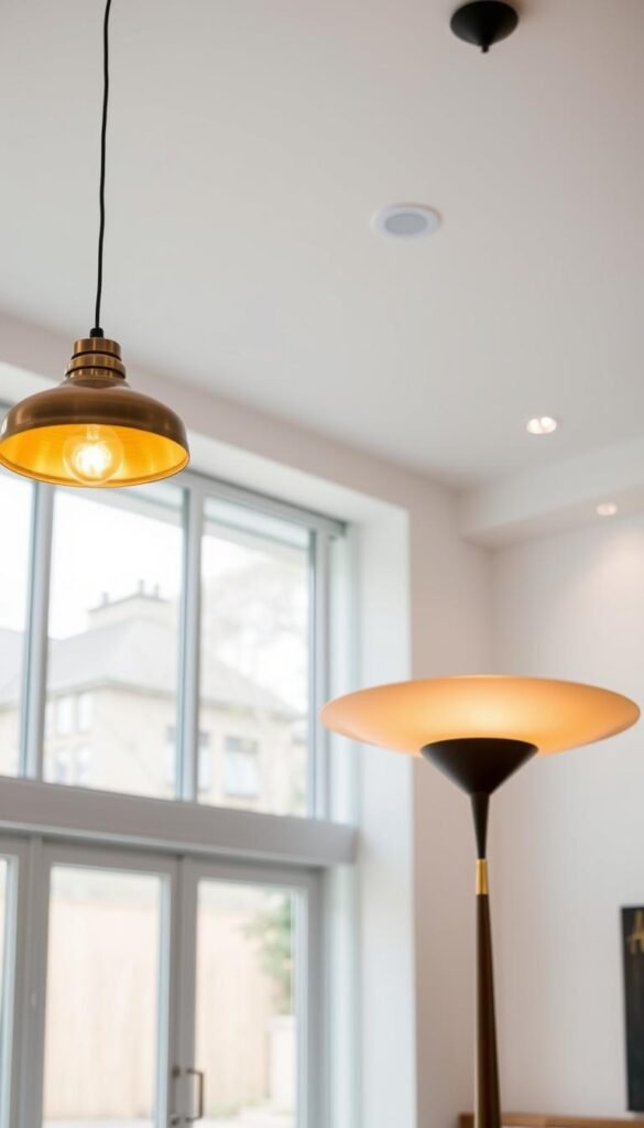 A sleek and elegant Danish modern living room, flooded with natural light and accented by statement lighting fixtures. In the foreground, a pair of minimalist pendant lights with brass or copper shades cast a warm, ambient glow. In the middle ground, a sculptural floor lamp with a slender, tapered stem and a broad, adjustable shade provides task lighting. In the background, recessed ceiling lights illuminate the space, creating a cohesive, harmonious atmosphere. The lighting fixtures feature clean lines, geometric shapes, and high-quality materials, elevating the mid-century modern aesthetic. The overall mood is one of sophistication, functionality, and timeless design.