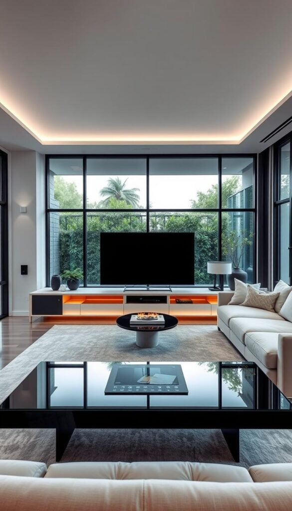 A sleek, modern living room showcases seamless integration of smart home technology. In the foreground, a minimalist entertainment center features a large, state-of-the-art OLED TV surrounded by hidden speakers and voice-controlled smart lighting. A glass-topped coffee table houses a discreet touchscreen control panel, managing everything from climate to security. The middle ground boasts a plush, sectional sofa and an elegant, floating fireplace, both enhanced by ambient mood lighting. The background reveals floor-to-ceiling windows, offering a picturesque view of a lush, landscaped garden. The room exudes a harmonious blend of high-tech sophistication and tranquil, natural elegance. A sleek, modern living room showcases seamless integration of smart home technology. In the foreground, a minimalist entertainment center features a large, state-of-the-art OLED TV surrounded by hidden speakers and voice-controlled smart lighting. A glass-topped coffee table houses a discreet touchscreen control panel, managing everything from climate to security. The middle ground boasts a plush, sectional sofa and an elegant, floating fireplace, both enhanced by ambient mood lighting. The background reveals floor-to-ceiling windows, offering a picturesque view of a lush, landscaped garden. The room exudes a harmonious blend of high-tech sophistication and tranquil, natural elegance.