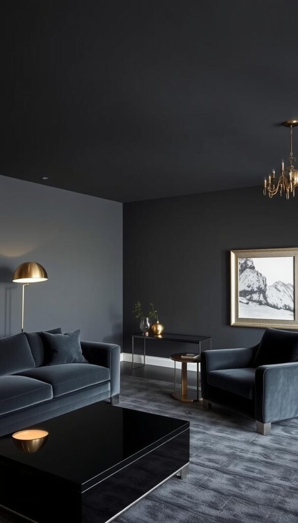A sleek, modern living room with a sophisticated dark palette. The walls are painted in a rich, charcoal gray, providing a moody and dramatic backdrop. Strategically placed metallic accents, such as a gleaming brass floor lamp, a mirrored side table, and a shimmering silver-framed artwork, catch the light and add a touch of elegance. The plush, charcoal gray velvet sofa and matching armchair create a cozy and inviting seating area, while a shiny, black lacquered coffee table anchors the space. Soft, indirect lighting from recessed ceiling fixtures and a dimmable chandelier cast a warm, atmospheric glow, heightening the sense of luxury and refinement. A sleek, modern living room with a sophisticated dark palette. The walls are painted in a rich, charcoal gray, providing a moody and dramatic backdrop. Strategically placed metallic accents, such as a gleaming brass floor lamp, a mirrored side table, and a shimmering silver-framed artwork, catch the light and add a touch of elegance. The plush, charcoal gray velvet sofa and matching armchair create a cozy and inviting seating area, while a shiny, black lacquered coffee table anchors the space. Soft, indirect lighting from recessed ceiling fixtures and a dimmable chandelier cast a warm, atmospheric glow, heightening the sense of luxury and refinement.