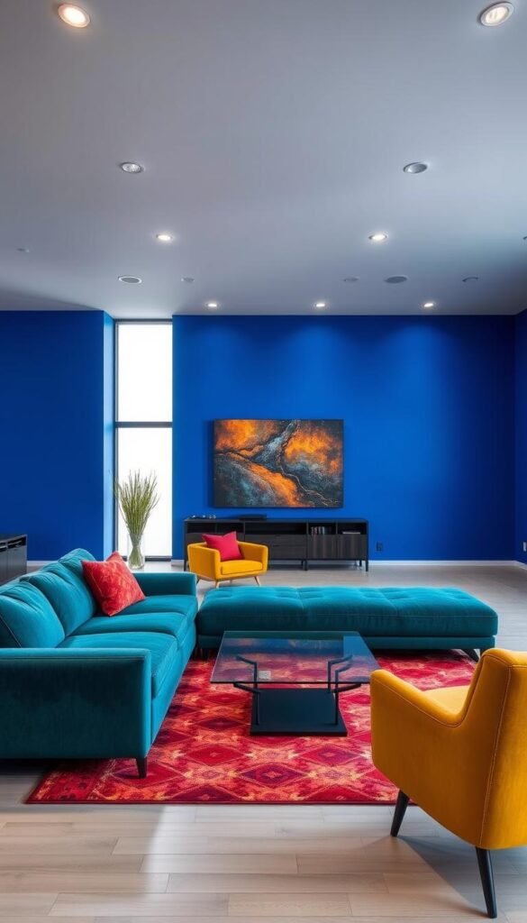 A sleek, modern living room with bold, vibrant color blocking. The foreground features a plush, L-shaped sofa in a deep, saturated teal, contrasted by a bright, mustard-yellow accent chair. The middle ground showcases a low, minimalist coffee table with a glass top, surrounded by a patterned area rug in shades of crimson and ochre. In the background, the walls are painted in a striking, electric blue, creating a dramatic, gallery-like atmosphere. Soft, diffused lighting from recessed ceiling fixtures and a large, floor-to-ceiling window casts a warm, inviting glow throughout the space, highlighting the sharp, geometric lines and rich, saturated hues.