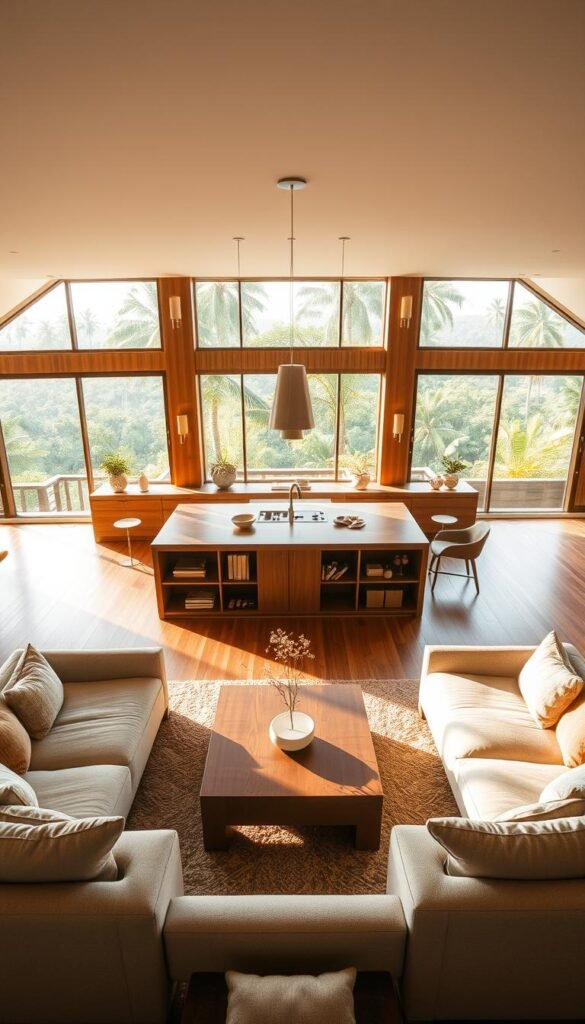 A spacious and inviting island-centered living room layout, bathed in warm, natural lighting. The focal point is a stylish, minimalist kitchen island surrounded by plush, modern seating arrangements. Sleek, wood-toned cabinetry and shelving define the space, complemented by neutral-toned textiles and accents. Large, floor-to-ceiling windows offer a panoramic view of a lush, tropical landscape outside, creating a seamless indoor-outdoor flow. Soft, diffused lighting from overhead fixtures and sconces casts a cozy, serene ambiance throughout the room. The layout is designed to foster a sense of openness, functionality, and effortless, zoned living. A spacious and inviting island-centered living room layout, bathed in warm, natural lighting. The focal point is a stylish, minimalist kitchen island surrounded by plush, modern seating arrangements. Sleek, wood-toned cabinetry and shelving define the space, complemented by neutral-toned textiles and accents. Large, floor-to-ceiling windows offer a panoramic view of a lush, tropical landscape outside, creating a seamless indoor-outdoor flow. Soft, diffused lighting from overhead fixtures and sconces casts a cozy, serene ambiance throughout the room. The layout is designed to foster a sense of openness, functionality, and effortless, zoned living.
