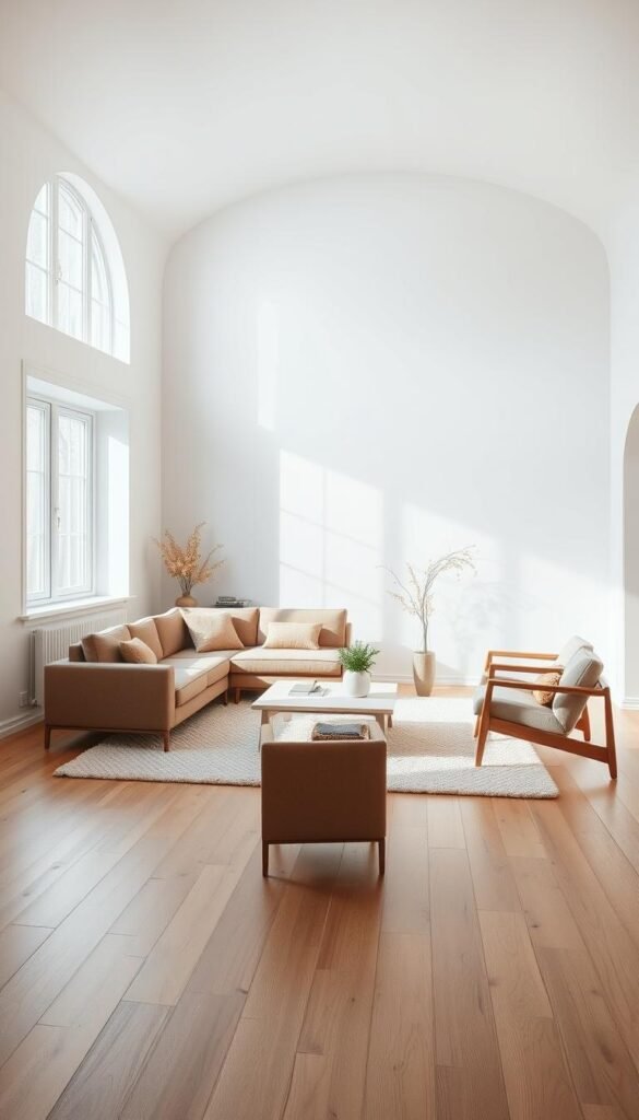 A spacious, light-filled Scandinavian-inspired living room with natural oak flooring and white walls. A minimalist sectional sofa in a muted, earthy tone sits atop a plush, neutral-colored area rug. A large, arched window floods the space with soft, diffused sunlight, casting gentle shadows. Streamlined, wooden-framed armchairs and a low, rectangular coffee table complete the tranquil, uncluttered design. Subtle botanical accents, such as a potted plant and a vase of fresh flowers, add a touch of organic warmth. The overall atmosphere is one of calm, refined elegance and understated sophistication. A spacious, light-filled Scandinavian-inspired living room with natural oak flooring and white walls. A minimalist sectional sofa in a muted, earthy tone sits atop a plush, neutral-colored area rug. A large, arched window floods the space with soft, diffused sunlight, casting gentle shadows. Streamlined, wooden-framed armchairs and a low, rectangular coffee table complete the tranquil, uncluttered design. Subtle botanical accents, such as a potted plant and a vase of fresh flowers, add a touch of organic warmth. The overall atmosphere is one of calm, refined elegance and understated sophistication.