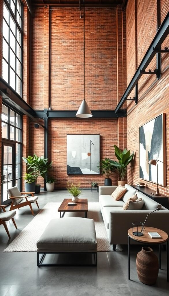 A spacious, modern industrial-style living room with exposed brick walls, high ceilings, and large windows that let in abundant natural light. The focal point is a sleek, minimalist sofa in a neutral tone, complemented by a low, wooden coffee table and a pair of mid-century inspired armchairs. Metal and glass accents, such as a pendant lamp and a side table, add an edgy, urban vibe. The room is further enhanced by lush, potted plants and a large, abstract artwork that adds a touch of sophistication. The overall atmosphere is one of understated elegance and a harmonious blend of industrial and contemporary elements. A spacious, modern industrial-style living room with exposed brick walls, high ceilings, and large windows that let in abundant natural light. The focal point is a sleek, minimalist sofa in a neutral tone, complemented by a low, wooden coffee table and a pair of mid-century inspired armchairs. Metal and glass accents, such as a pendant lamp and a side table, add an edgy, urban vibe. The room is further enhanced by lush, potted plants and a large, abstract artwork that adds a touch of sophistication. The overall atmosphere is one of understated elegance and a harmonious blend of industrial and contemporary elements.