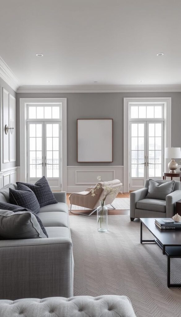 A spacious, sophisticated gray living room with a neutral color palette. In the foreground, a plush, dove-gray sofa anchors the space, accented by textured, charcoal-hued throw pillows. On the coffee table, a simple glass vase holds a cluster of delicate white flowers. Across the room, a pair of matching armchairs in a soft, dove-gray linen upholstery invite relaxation. The walls are painted in a soothing, mid-tone gray, complemented by crisp, white moldings. Indirect lighting from sleek, brushed-nickel sconces casts a warm, diffused glow, creating a serene and inviting atmosphere. Underfoot, a large, neutral-toned area rug in a subtle herringbone pattern anchors the space. Through a set of large, steel-framed windows, the muted daylight filters in, illuminating the sophisticated, timeless design. A spacious, sophisticated gray living room with a neutral color palette. In the foreground, a plush, dove-gray sofa anchors the space, accented by textured, charcoal-hued throw pillows. On the coffee table, a simple glass vase holds a cluster of delicate white flowers. Across the room, a pair of matching armchairs in a soft, dove-gray linen upholstery invite relaxation. The walls are painted in a soothing, mid-tone gray, complemented by crisp, white moldings. Indirect lighting from sleek, brushed-nickel sconces casts a warm, diffused glow, creating a serene and inviting atmosphere. Underfoot, a large, neutral-toned area rug in a subtle herringbone pattern anchors the space. Through a set of large, steel-framed windows, the muted daylight filters in, illuminating the sophisticated, timeless design.