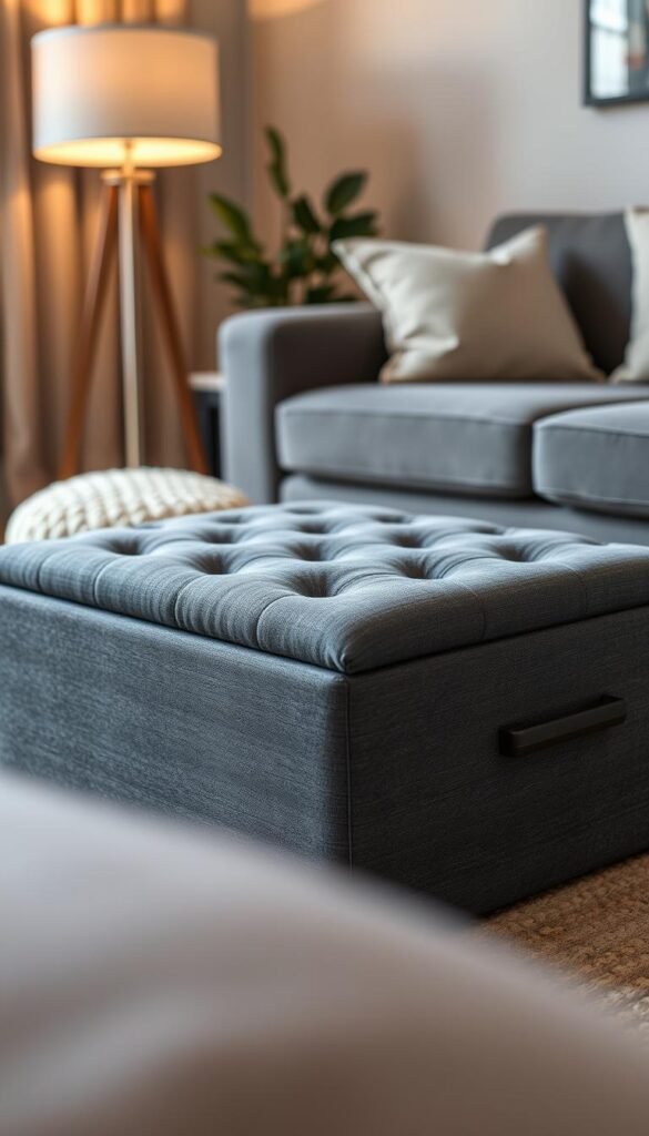A stylish and modern storage ottoman with a hidden compartment sits in the cozy living room. The sleek, rectangular design features tufted charcoal gray upholstery, accentuated by brushed bronze hardware. Soft, warm lighting from a nearby floor lamp creates a tranquil ambiance, casting gentle shadows across the plush, textured fabric. The ottoman's hidden compartment offers discreet storage space, allowing you to neatly tuck away unsightly clutter and maintain a clean, uncluttered aesthetic. The scene is captured with a wide, close-up angle, emphasizing the ottoman's functional yet sophisticated design, perfectly complementing the cozy, inviting atmosphere of the living space.