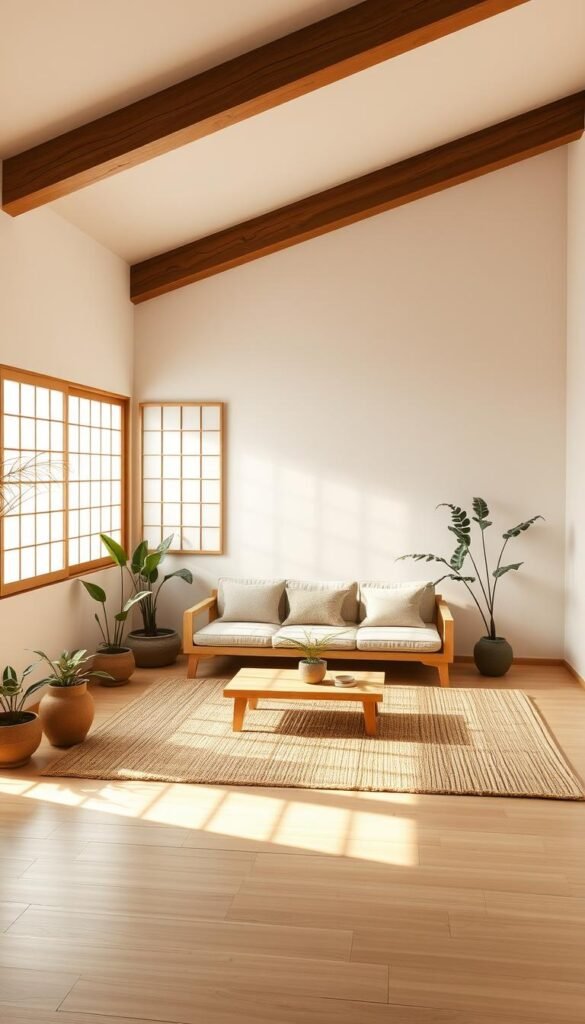 A tranquil Japanese zen-inspired living room, bathed in natural light filtering through shoji screens. A low-profile sofa in pale wood rests on a woven straw mat, surrounded by potted plants and a minimalist coffee table. The space exudes a serene, earthy ambiance, with walls in soft white plaster and timber beams overhead. Subtle texture comes from the tactile materials - bamboo, paper, and stone - creating a harmonious, uncluttered atmosphere. Diffused, golden-hour illumination casts a warm, meditative glow, inviting contemplation and relaxation. A tranquil Japanese zen-inspired living room, bathed in natural light filtering through shoji screens. A low-profile sofa in pale wood rests on a woven straw mat, surrounded by potted plants and a minimalist coffee table. The space exudes a serene, earthy ambiance, with walls in soft white plaster and timber beams overhead. Subtle texture comes from the tactile materials - bamboo, paper, and stone - creating a harmonious, uncluttered atmosphere. Diffused, golden-hour illumination casts a warm, meditative glow, inviting contemplation and relaxation.