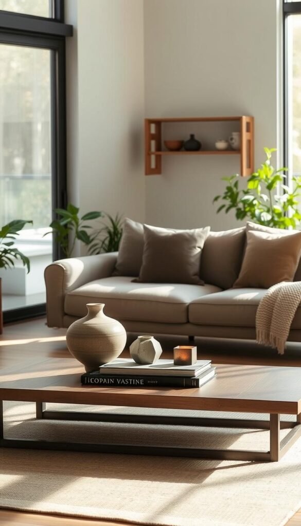 A tranquil and serene Japandi-inspired living room, bathed in soft, natural light from a large window. In the foreground, a low-profile, minimalist coffee table with clean lines and a muted, earthy tone. Arranged neatly on the table, a few carefully curated accessories: a sculptural ceramic vase, a small stack of artfully weathered books, and a simple, geometric candle holder. In the middle ground, a plush, neutral-toned sofa, its clean silhouette complemented by a knitted throw blanket and a pair of decorative pillows in muted tones. The background features a few potted plants, their lush greenery adding a touch of nature to the space, and a minimalist, wall-mounted shelving unit displaying a small selection of pottery and other decorative objects. The overall atmosphere is one of tranquility, balance, and understated elegance. A tranquil and serene Japandi-inspired living room, bathed in soft, natural light from a large window. In the foreground, a low-profile, minimalist coffee table with clean lines and a muted, earthy tone. Arranged neatly on the table, a few carefully curated accessories: a sculptural ceramic vase, a small stack of artfully weathered books, and a simple, geometric candle holder. In the middle ground, a plush, neutral-toned sofa, its clean silhouette complemented by a knitted throw blanket and a pair of decorative pillows in muted tones. The background features a few potted plants, their lush greenery adding a touch of nature to the space, and a minimalist, wall-mounted shelving unit displaying a small selection of pottery and other decorative objects. The overall atmosphere is one of tranquility, balance, and understated elegance.