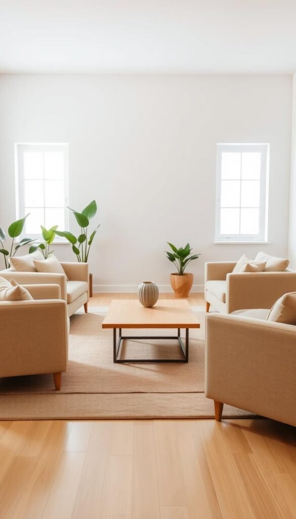 A tranquil living room with a minimalist, neutral color palette. In the foreground, a plush beige sofa and armchair arrangement, their clean lines and soft textures inviting relaxation. On the middle ground, a low-profile wooden coffee table, its natural grain a complementary accent. Behind, a large window floods the space with soft, diffused natural light, casting a serene glow. The walls are painted in a subtle off-white hue, allowing the furniture to take center stage. Lush potted plants in the corners add pops of verdant life, while a muted area rug in earthy tones grounds the composition. An aura of calm sophistication permeates the scene, showcasing how neutral furniture can create a timeless, harmonious living space. A tranquil living room with a minimalist, neutral color palette. In the foreground, a plush beige sofa and armchair arrangement, their clean lines and soft textures inviting relaxation. On the middle ground, a low-profile wooden coffee table, its natural grain a complementary accent. Behind, a large window floods the space with soft, diffused natural light, casting a serene glow. The walls are painted in a subtle off-white hue, allowing the furniture to take center stage. Lush potted plants in the corners add pops of verdant life, while a muted area rug in earthy tones grounds the composition. An aura of calm sophistication permeates the scene, showcasing how neutral furniture can create a timeless, harmonious living space.