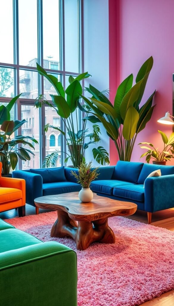 A vibrant and harmonious living space, featuring an arrangement of colorful furniture pieces. In the foreground, a plush, jewel-toned sofa and armchair create a cozy seating area, accented by a shag rug in a complementary hue. In the middle ground, a wooden coffee table with a unique, sculptural base stands as a central focal point. The background showcases floor-to-ceiling windows, allowing natural light to flood the room and illuminate the vibrant colors. Lush, verdant plants add pops of greenery, while sleek, minimalist lighting fixtures cast a warm, inviting glow. The overall atmosphere is one of playful sophistication, striking a balance between bold, eclectic design and a serene, calming ambiance.