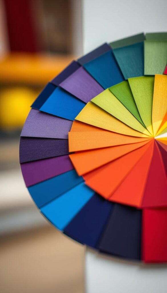 A vibrant color wheel design showcasing a harmonious blend of complementary hues. The wheel is captured in a close-up, high-resolution composition, with a sharp, crisp focus and vivid, saturated colors. The design features a seamless arrangement of primary and secondary colors, expertly balanced to create a dynamic, visually striking pattern. The lighting is soft and diffused, illuminating the wheel's surface and accentuating the depth and dimension of the color relationships. The overall mood is one of artistic elegance and visual sophistication, perfectly suited to illustrate the principles of complementary color schemes in a modern, colorful living room design.