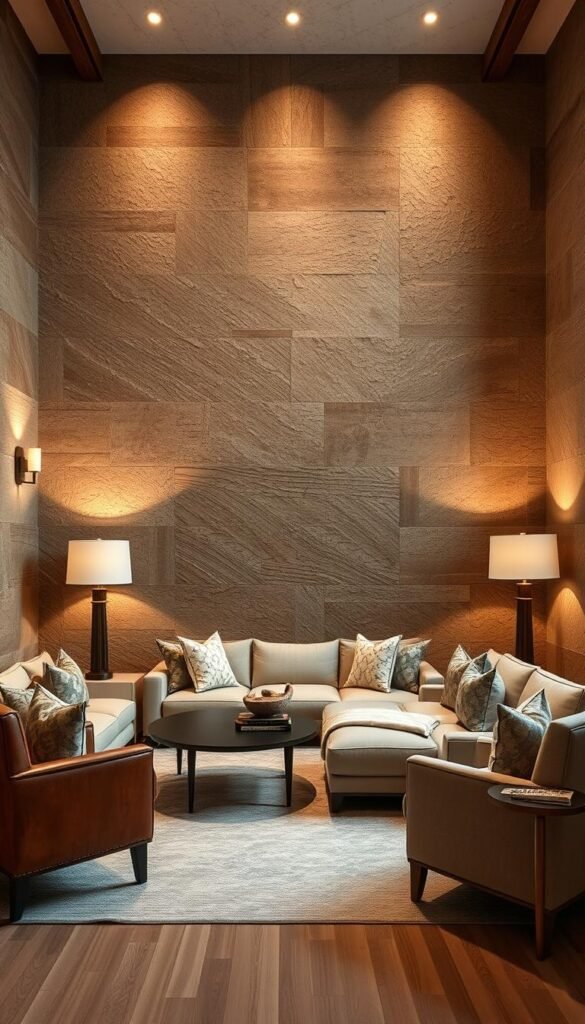 A warm, inviting living room with statement wall treatments that transform the space. Tactile, textured surfaces in earthy tones and natural materials like wood, stone, and plaster. Uneven, organic patterns create depth and character. Soft, diffused lighting from sconces and floor lamps casts a cozy glow. The walls are the focal point, drawing the eye and anchoring the room's design. Shadows and highlights accentuate the dimensional textures, creating a sense of depth and movement. An intimate, welcoming atmosphere that evokes a feeling of home.