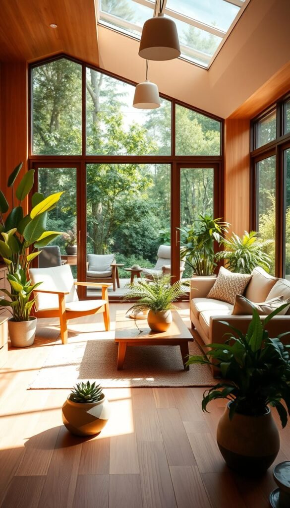 A warm-toned, mid-century modern living room flooded with natural light. In the foreground, sleek, wooden furniture pieces like a low-profile sofa and armchair, accented with lush, verdant indoor plants in ceramic pots. The middle ground features a wooden coffee table, complemented by a potted fern and a decorative succulent. In the background, large windows overlooking a verdant outdoor scene, creating a seamless transition between the interior and the natural world. Soft, diffused lighting from overhead fixtures casts a cozy, inviting glow throughout the space. The overall atmosphere is one of tranquility and harmony, blending the organic and the designed.
