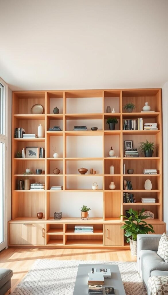 A well-lit, modern living room interior with built-in shelving units along the walls, providing ample storage and display space. The shelves are made of light-colored wood, arranged in a clean, minimalist grid pattern. Decorative objects, books, and houseplants are neatly organized on the shelves, creating a stylish and uncluttered look. The room has large windows that let in natural light, and the overall atmosphere is warm, cozy, and inviting. The camera angle is positioned to showcase the shelving system as the focal point, capturing its integration within the room's design.