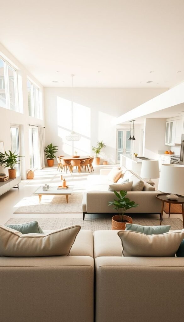 An airy, light-filled open floor plan, featuring a spacious living room with clean lines and minimalist decor. Soft natural light filters in through large windows, casting a warm glow on the harmonious blend of modern furniture and natural textures. The layout seamlessly transitions from the living area to the adjacent kitchen, creating a sense of flow and connectivity. Subtle pops of color and greenery accent the neutral color palette, adding visual interest. The absence of walls and partitions amplifies the feeling of openness and expansiveness, promoting a relaxed, social atmosphere ideal for gatherings and quality time with loved ones. An airy, light-filled open floor plan, featuring a spacious living room with clean lines and minimalist decor. Soft natural light filters in through large windows, casting a warm glow on the harmonious blend of modern furniture and natural textures. The layout seamlessly transitions from the living area to the adjacent kitchen, creating a sense of flow and connectivity. Subtle pops of color and greenery accent the neutral color palette, adding visual interest. The absence of walls and partitions amplifies the feeling of openness and expansiveness, promoting a relaxed, social atmosphere ideal for gatherings and quality time with loved ones.