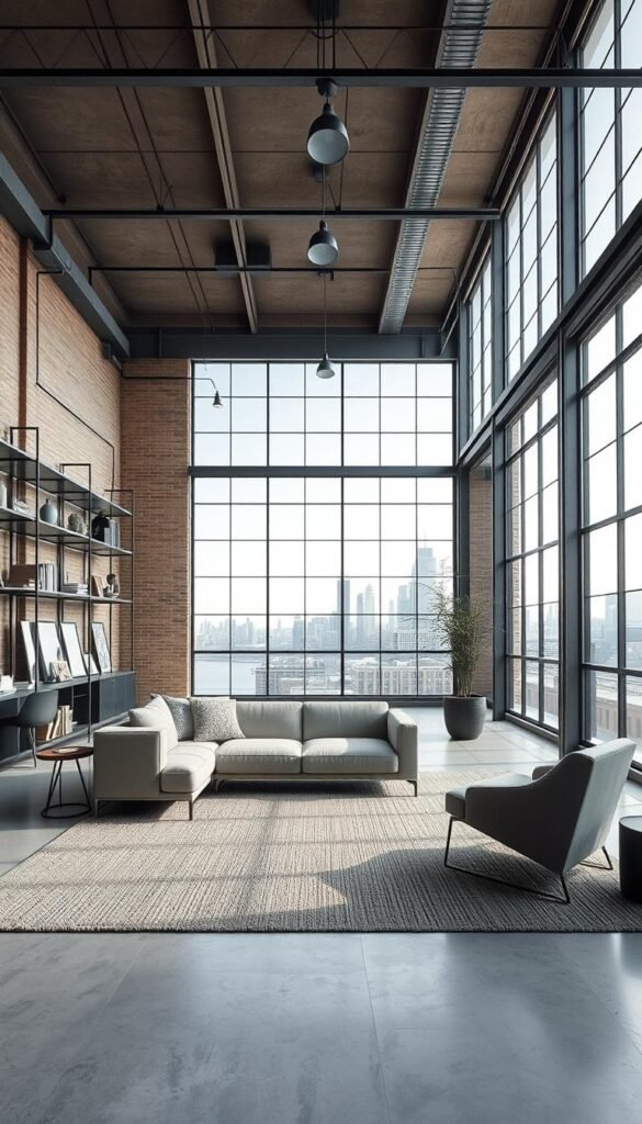 An expansive, airy industrial minimalist living room with large windows that flood the space with natural light. A sleek, low-profile sofa in muted tones takes center stage, flanked by a pair of angular armchairs. The concrete floor is offset by a large, textured area rug. Minimalist lighting fixtures cast a warm, ambient glow. The walls feature exposed brick and metal shelving displaying a curated collection of decor. A massive, metal-framed window dominates the far wall, offering a view of an urban skyline. The overall atmosphere is one of refined simplicity and understated elegance. An expansive, airy industrial minimalist living room with large windows that flood the space with natural light. A sleek, low-profile sofa in muted tones takes center stage, flanked by a pair of angular armchairs. The concrete floor is offset by a large, textured area rug. Minimalist lighting fixtures cast a warm, ambient glow. The walls feature exposed brick and metal shelving displaying a curated collection of decor. A massive, metal-framed window dominates the far wall, offering a view of an urban skyline. The overall atmosphere is one of refined simplicity and understated elegance.