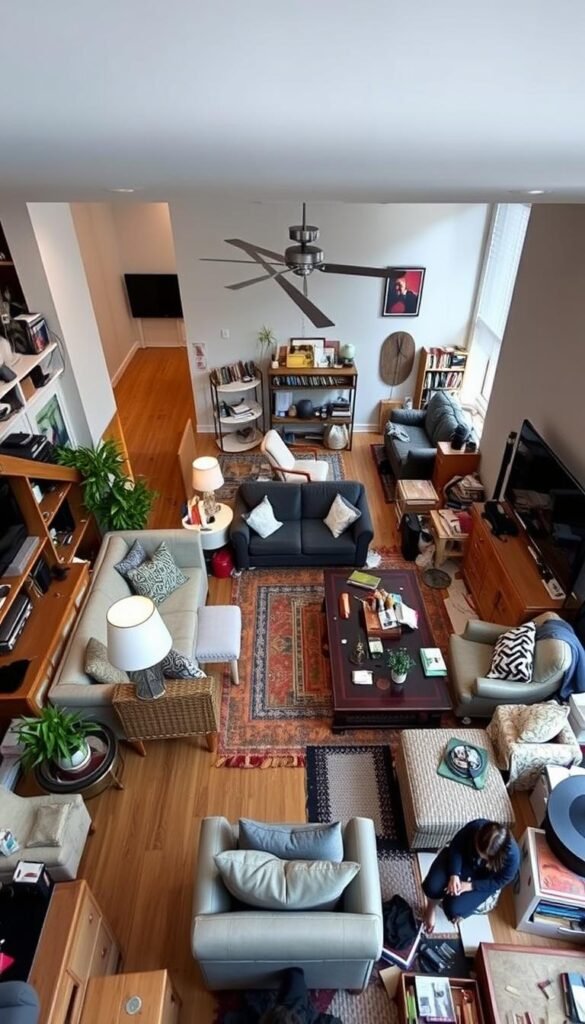 An open living room with a cluttered and disorganized layout. Furniture is placed haphazardly, creating a cramped and chaotic atmosphere. Lack of focal points, with no clear division between conversation and dining areas. Poor lighting, with dark corners and uneven illumination. Mismatched and clashing decor elements, creating a visually overwhelming space. Insufficient storage and display solutions, leading to an accumulation of clutter. Narrow walkways and obstructed pathways, compromising the flow and functionality of the room. A cautionary tale of common design pitfalls to avoid in open living room planning. An open living room with a cluttered and disorganized layout. Furniture is placed haphazardly, creating a cramped and chaotic atmosphere. Lack of focal points, with no clear division between conversation and dining areas. Poor lighting, with dark corners and uneven illumination. Mismatched and clashing decor elements, creating a visually overwhelming space. Insufficient storage and display solutions, leading to an accumulation of clutter. Narrow walkways and obstructed pathways, compromising the flow and functionality of the room. A cautionary tale of common design pitfalls to avoid in open living room planning.