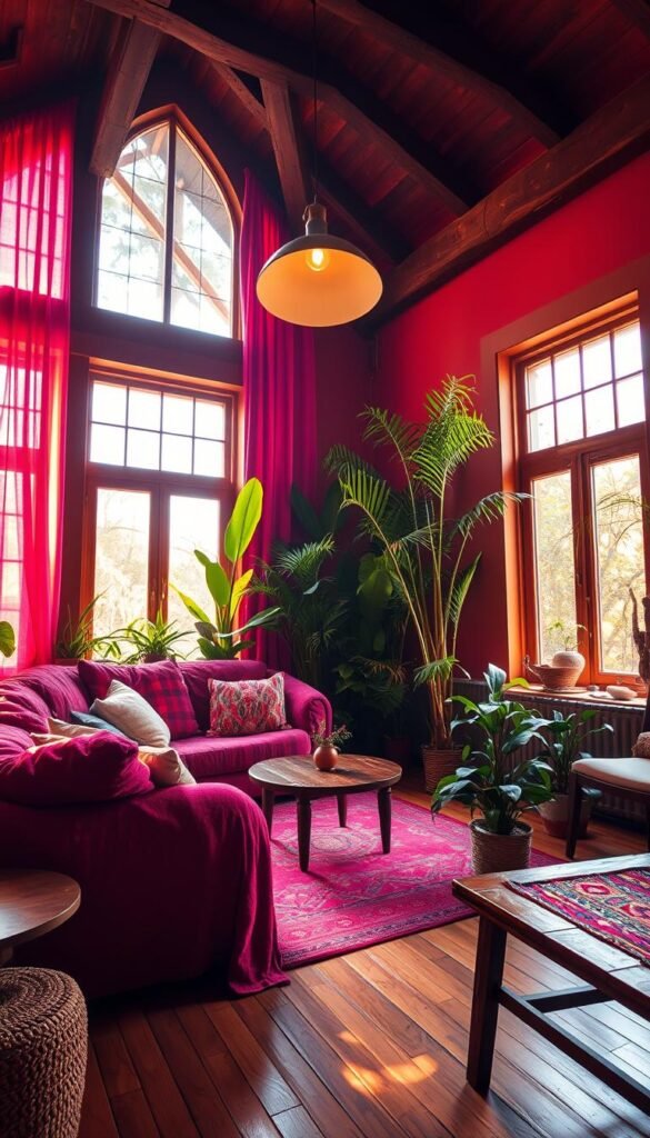 Cozy and inviting living room flooded with warm, natural light streaming through large windows. Vibrant, saturated colors from plush, patterned textiles and lush, verdant houseplants create a lively, energetic atmosphere. Soft, diffused lighting from a modern, minimalist pendant lamp casts a gentle glow. Wooden floors and furniture add rustic, earthy tones, complementing the bold colors. Wide-angle view captures the room's depth and spaciousness, with a balanced, harmonious composition.