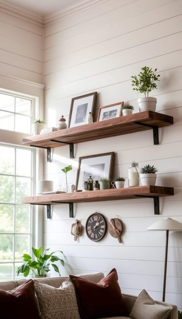 Floating rustic farmhouse shelves, meticulously crafted from reclaimed wood, suspended against a backdrop of shiplap walls. Soft, natural lighting filters through large windows, casting a warm glow upon the assorted knickknacks, potted plants, and vintage decor adorning the shelves. The shelves appear to seamlessly integrate into the living space, creating a harmonious blend of function and farmhouse charm. The overall scene exudes a sense of cozy, inviting ambiance, perfectly complementing the modern farmhouse aesthetic of the living room.