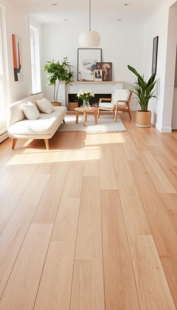 Scandinavian flooring in a warm, natural Nordic style. A wide plank wooden floor, light oak or ash in tone, with a subtle grain pattern. The floor is evenly lit from above, casting soft shadows and highlights that accentuate the tactile texture. The wooden planks run horizontally, creating a sense of spaciousness and flow. Minimalist Scandinavian decor surrounds the floor, with clean white walls, sleek furniture, and natural accents like lush plants. The overall atmosphere is serene, inviting, and in harmony with the Scandinavian aesthetic.