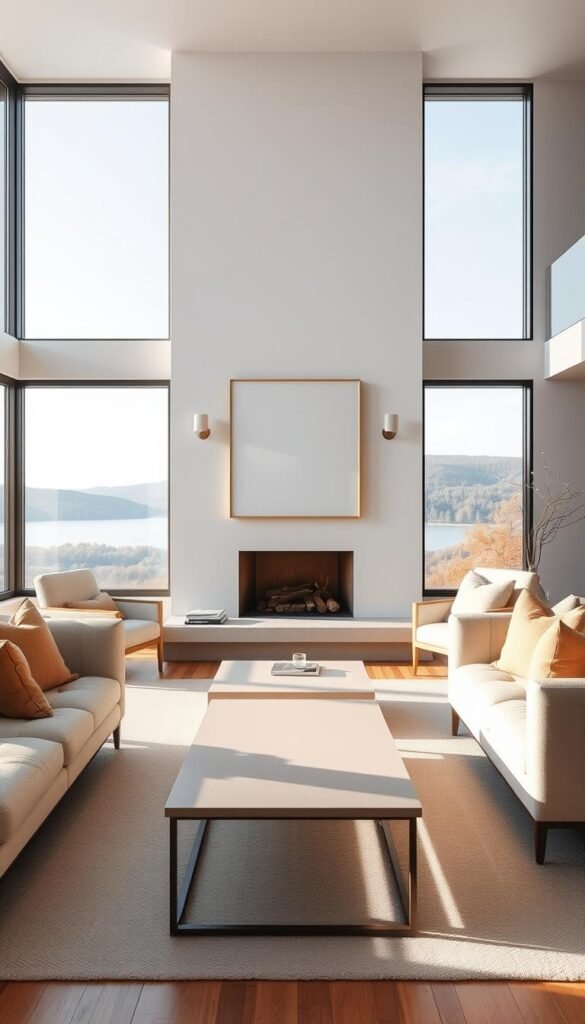 Scandinavian interior design focal points: a serene, well-lit living room with a sleek, minimalist fireplace as the central feature, surrounded by a cozy, neutral-toned seating arrangement. In the foreground, a simple, elegant coffee table with clean lines. In the middle ground, a large, statement artwork or mirror hangs on the wall, drawing the eye. The background features large windows overlooking a serene, natural landscape, allowing natural light to flood the space. The overall atmosphere is one of understated sophistication and calming, harmonious balance.