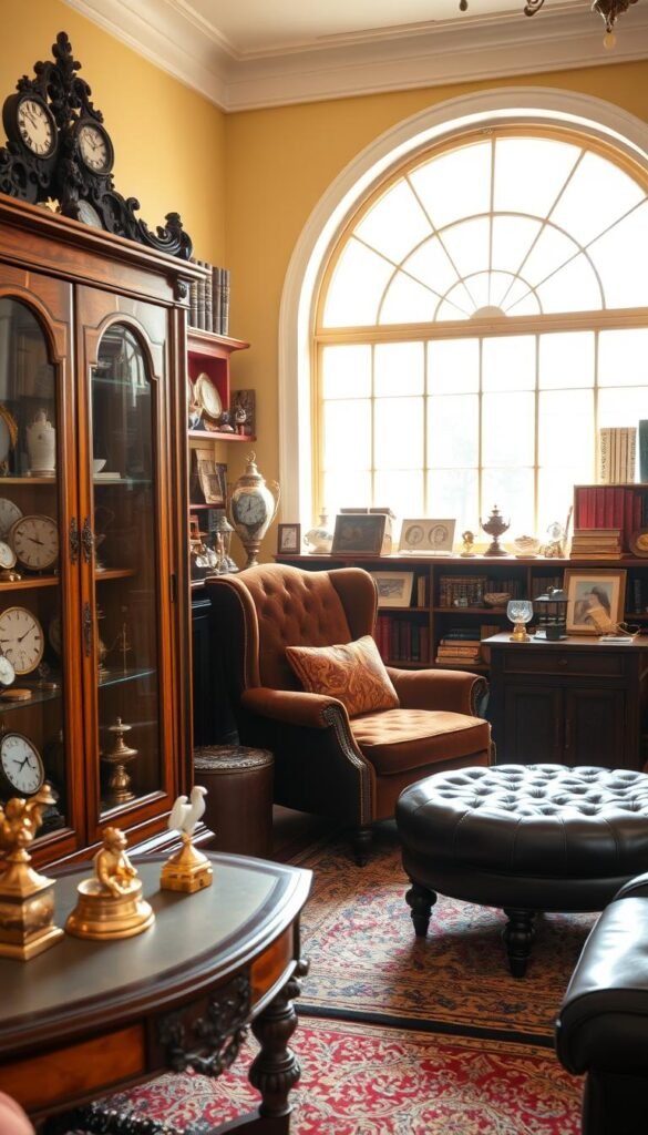 Vintage collections display: A cozy, well-lit living room showcases a carefully curated arrangement of antique curiosities. In the foreground, an ornate wooden cabinet displays a collection of vintage timepieces, porcelain figurines, and brass trinkets. The middle ground features a velvet-upholstered armchair and a tufted leather ottoman, providing a comfortable space to admire the display. The background is filled with bookshelves and a large, arched window that bathes the room in a warm, golden glow, creating a sense of timeless elegance. The overall atmosphere evokes a nostalgic, refined ambiance, inviting the viewer to step back in time and immerse themselves in the charm of a bygone era.