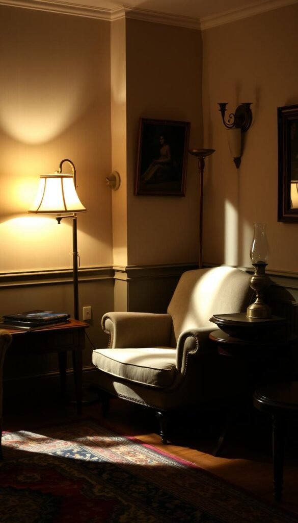 Vintage living room with a cozy, warm ambiance. Soft, diffused lighting from a brass floor lamp, a wall sconce, and a tabletop oil lamp. Wooden side tables, a plush armchair, and a Persian rug create a timeless, sophisticated atmosphere. Shadows cast gentle patterns on the walls, adding depth and character. The lighting is carefully positioned to highlight the textures and colors of the vintage furnishings, drawing the viewer's eye and inviting them to linger and soak in the atmosphere.