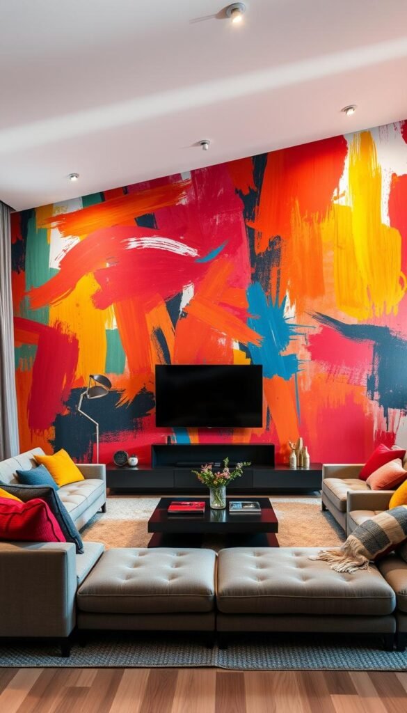a colorful, visually striking living room with a statement wall as the focal point. a large, vibrant abstract mural or painting takes up the entire wall, featuring bold, expressive brushstrokes in a variety of rich, saturated colors like reds, oranges, yellows, blues, and greens. the mural has a sense of movement and dynamism, creating an eye-catching, dramatic backdrop for the living space. the room is bathed in warm, directional lighting that accentuates the colors and textures of the statement wall, casting interesting shadows and highlights. sleek, modern furniture in muted tones complements the vivid wall art, while plush, colorful textiles and decor elements tie the whole design together, resulting in a harmonious, sophisticated living room that showcases the power of a bold statement wall.