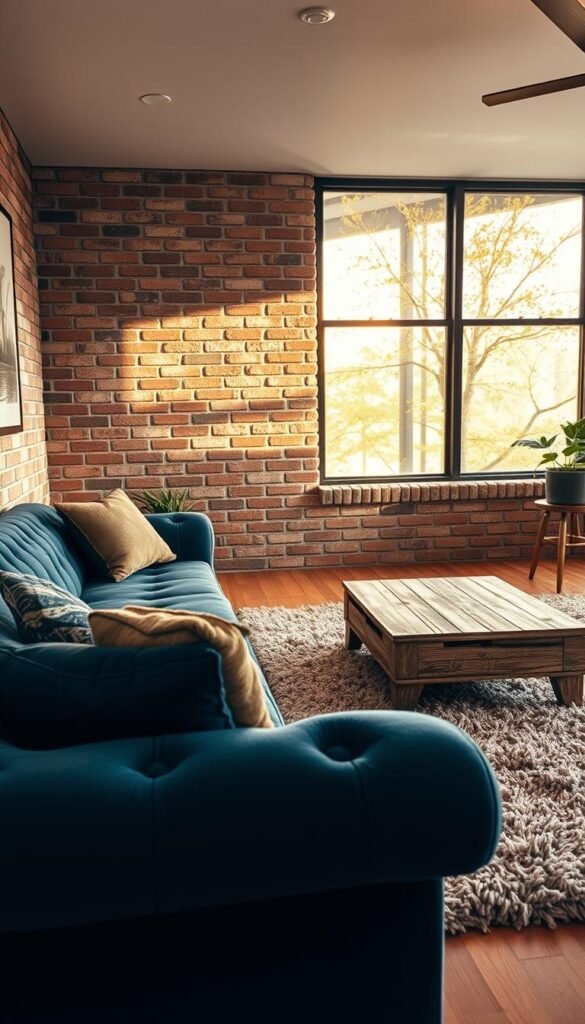 a cozy and inviting living room with a focus on textured elements. the foreground features a plush, tufted velvet sofa in a rich, jewel-toned hue, complemented by a soft, shaggy area rug with a visually interesting pattern. the middle ground showcases a wooden coffee table with a weathered, distressed finish, adding warmth and character to the space. in the background, a brick accent wall with uneven, textured bricks creates a striking visual contrast, while a large, oversized window allows natural light to flood the room, casting a warm, golden glow. the lighting is soft and ambient, creating a cozy and relaxing atmosphere. the overall design evokes a sense of comfort and elegance, with the textures adding depth and visual interest to the living room.