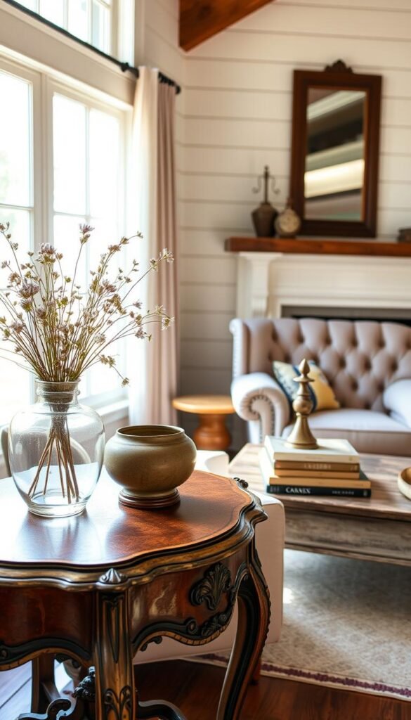 a cozy and inviting vintage farmhouse-inspired living room, bathed in warm natural lighting streaming through large windows. In the foreground, an ornate antique side table showcases a collection of budget-friendly but stylish accessories - a glass vase filled with wildflowers, a rustic ceramic bowl, and a decorative tarnished brass candlestick. The middle ground features a plush tufted armchair and a weathered wood coffee table, accented with a stacked pile of vintage books and a decorative tray. In the background, whitewashed shiplap walls and a distressed wood mantel with a simple mirror frame create a charming, lived-in ambiance.