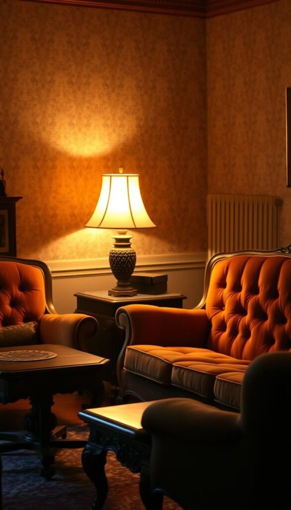 a cozy and nostalgic vintage living room, bathed in warm, soft lighting from a brass floor lamp with a tasseled shade, casting a gentle glow over a plush velvet sofa with tufted upholstery and wooden frame, complemented by a matching armchair and an ornate wooden coffee table with intricate carvings, all set against a backdrop of floral wallpaper with a subtle, faded pattern, creating an inviting and timeless atmosphere