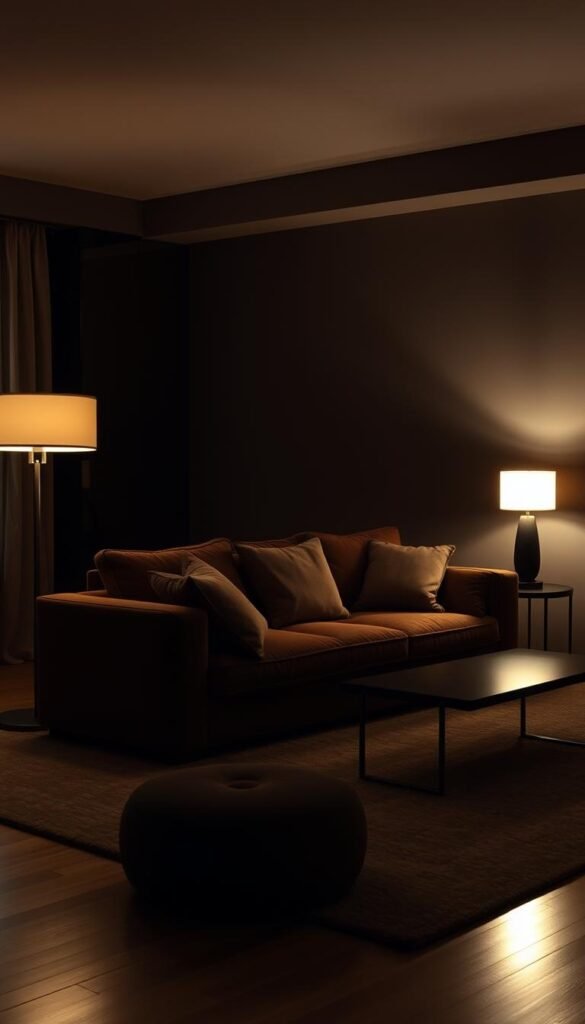 a cozy, dimly lit living room with a balanced interplay of light and dark elements. a large, plush sofa in a deep, earthy tone takes center stage, flanked by two sleek, modern floor lamps that cast a warm, ambient glow. the walls are painted in a rich, moody shade, creating a sense of depth and drama. in the corner, a minimalist side table supports a single, sculptural lamp, its soft light adding depth and visual interest. the hardwood floors are covered by a large, textured area rug, grounding the space. the overall atmosphere is one of sophisticated, moody elegance, where the strategic placement of light sources creates a harmonious balance between light and shadow. a cozy, dimly lit living room with a balanced interplay of light and dark elements. a large, plush sofa in a deep, earthy tone takes center stage, flanked by two sleek, modern floor lamps that cast a warm, ambient glow. the walls are painted in a rich, moody shade, creating a sense of depth and drama. in the corner, a minimalist side table supports a single, sculptural lamp, its soft light adding depth and visual interest. the hardwood floors are covered by a large, textured area rug, grounding the space. the overall atmosphere is one of sophisticated, moody elegance, where the strategic placement of light sources creates a harmonious balance between light and shadow.