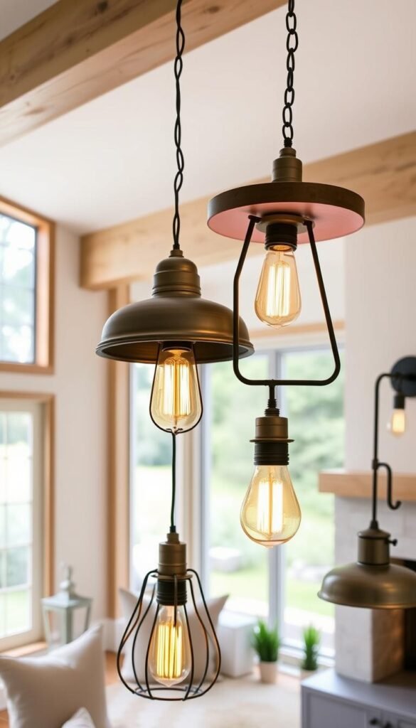 a cozy farmhouse-style living room with natural wood beams, cream-colored walls, and a large window overlooking a lush green landscape. In the foreground, a collection of rustic farmhouse-inspired lighting fixtures are displayed, including a metal pendant light with a distressed finish, a wooden chandelier with Edison-style bulbs, and a wall-mounted sconce with a galvanized metal shade. The lighting fixtures are arranged in a visually appealing and harmonious manner, casting a warm, inviting glow throughout the space. The scene is captured with a wide-angle lens, emphasizing the spaciousness and natural light of the room. The overall mood is one of comfort, simplicity, and a touch of country charm, perfectly suited for the "modern farmhouse living room" theme.