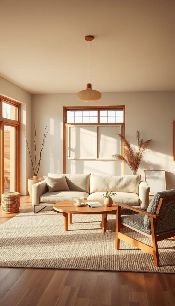 a cozy japandi living room with clean-lined furniture made of natural materials like wood and woven textures, bathed in warm, diffused lighting from large windows and a minimalist pendant light. the space has a serene, earthy palette with tones of beige, brown, and sage green. a low-profile sofa with smooth curves sits atop a textured area rug, surrounded by a wooden coffee table and armchair. the overall aesthetic is one of understated elegance and harmonious simplicity. a cozy japandi living room with clean-lined furniture made of natural materials like wood and woven textures, bathed in warm, diffused lighting from large windows and a minimalist pendant light. the space has a serene, earthy palette with tones of beige, brown, and sage green. a low-profile sofa with smooth curves sits atop a textured area rug, surrounded by a wooden coffee table and armchair. the overall aesthetic is one of understated elegance and harmonious simplicity.
