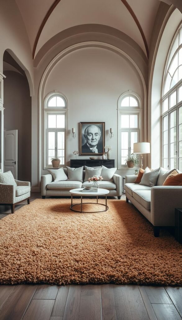 a cozy, well-lit living room interior with a prominent, textured area rug as the focal point. The rug has a rich, warm color palette and a tactile, high-pile pattern that adds visual depth and a sense of luxury. It is surrounded by neutral-toned furniture, such as a plush sofa and armchairs, creating a harmonious and inviting atmosphere. The lighting is soft and diffused, highlighting the rug's intricate details and lending a tranquil, contemplative mood to the space. The room's architecture features elegant architectural elements, like arched doorways and large windows that allow natural light to flood the area, further accentuating the rug's prominent role as a textural foundation for the living space.