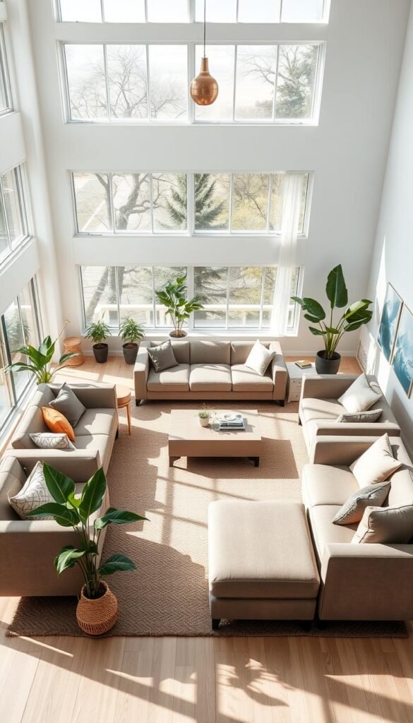 a flexible and open living room layout with a variety of modular furniture pieces that can be easily rearranged, including a comfortable sectional sofa, armchairs, and ottomans. the room is filled with natural light streaming in through large windows, creating a bright and airy atmosphere. the furniture is arranged in a conversational setup, with pieces positioned to encourage social interaction. the color palette features neutral tones accented with pops of greenery from potted plants, lending a modern and tranquil vibe. the overall scene conveys a sense of adaptability and versatility, where the layout can be continuously customized to suit different needs and preferences. a flexible and open living room layout with a variety of modular furniture pieces that can be easily rearranged, including a comfortable sectional sofa, armchairs, and ottomans. the room is filled with natural light streaming in through large windows, creating a bright and airy atmosphere. the furniture is arranged in a conversational setup, with pieces positioned to encourage social interaction. the color palette features neutral tones accented with pops of greenery from potted plants, lending a modern and tranquil vibe. the overall scene conveys a sense of adaptability and versatility, where the layout can be continuously customized to suit different needs and preferences.