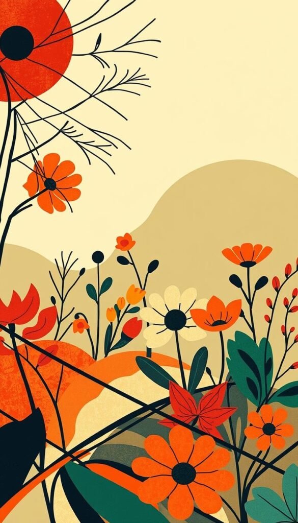 a highly detailed, mid-century modern graphic pattern scene with bold, vibrant colors and artistic elements. in the foreground, a striking geometric composition of intersecting lines, shapes, and hues that create a visually dynamic and captivating focal point. in the middle ground, a collection of abstract, stylized floral and botanical motifs that add depth and visual interest. the background features a muted, gradient-based color field that provides a harmonious, understated foundation for the more prominent graphic elements. the overall lighting is soft and diffused, creating a warm, inviting atmosphere reminiscent of the mid-20th century aesthetic. the scene is captured at a slightly elevated, three-quarter angle to showcase the sophisticated, multi-layered design.