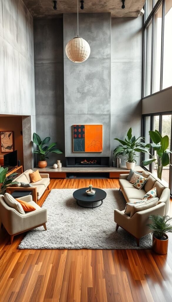 a large, open-concept mid-century modern living room with an atomic age design aesthetic. the space features a sunken conversation pit with curved, built-in seating arranged around a central fireplace. the walls are exposed concrete and glass, allowing natural light to flood the space. the floor is a warm-toned hardwood. the furniture is a mix of iconic mid-century pieces in muted earth tones and bright pops of color. a shag area rug anchors the seating area. large potted plants and abstract wall art add organic touches. the overall atmosphere is minimalist yet cozy, blending retro and contemporary elements.
