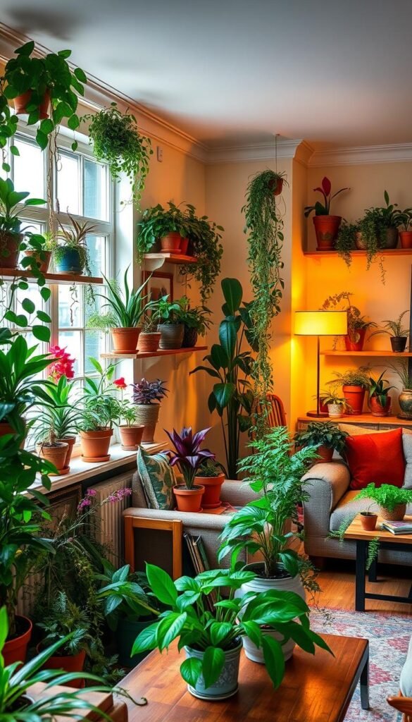 a lush, vibrant living room interior with a variety of colorful potted plants and foliage arranged tastefully throughout the space. the plants are placed on shelves, end tables, and windowsills, creating a natural, botanical ambiance. the room is bathed in warm, diffused lighting, casting a cozy, inviting glow. the plants feature a mix of leafy greens, vibrant flowers, and trailing vines, adding pops of color and texture to the room. the arrangement is carefully curated, with the plants complementing the other furnishings and decor seamlessly. the overall scene evokes a serene, nature-inspired atmosphere perfect for relaxation.