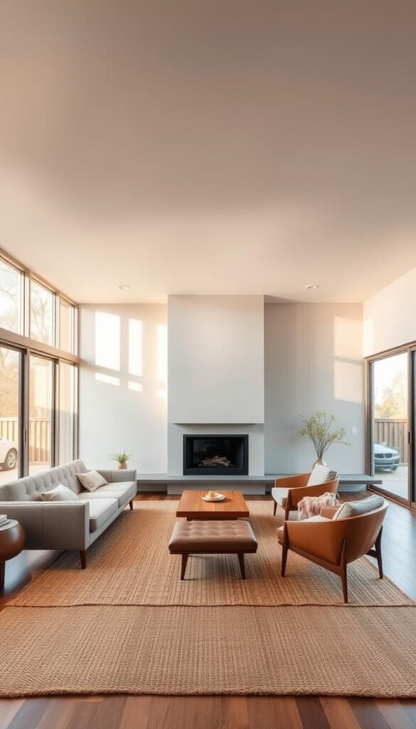 a mid century modern living room with a minimalist, open-concept design. the room features a large, low-profile sofa with clean lines and tufted upholstery in a neutral color palette. a pair of vintage-inspired armchairs flank a low, wooden coffee table. the walls are painted a soft, muted shade of gray, creating a calming and serene atmosphere. natural light floods the space through large, picture windows, casting a warm, golden glow throughout the room. the floor is covered in a plush, woven area rug in earthy tones. a sleek, angular fireplace with a minimalist mantel serves as the focal point of the room. the overall aesthetic is one of timeless elegance and understated sophistication, reflecting the enduring appeal of mid century modern design.