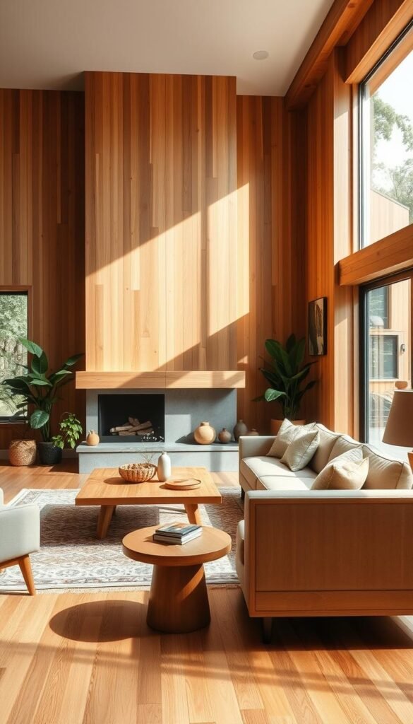 a mid-century modern living room with natural wood elements, a spacious and inviting atmosphere. the room is flooded with warm, natural lighting from large windows, highlighting the rich textures and tones of the wood furnishings. a sleek, low-profile sofa and armchair in a neutral palette are complemented by a wooden coffee table and side tables. the walls feature exposed wood paneling, and a minimalist, geometric fireplace with a wooden mantel anchors the space. potted plants and natural fiber decor add organic accents, creating a harmonious, nature-inspired ambiance.